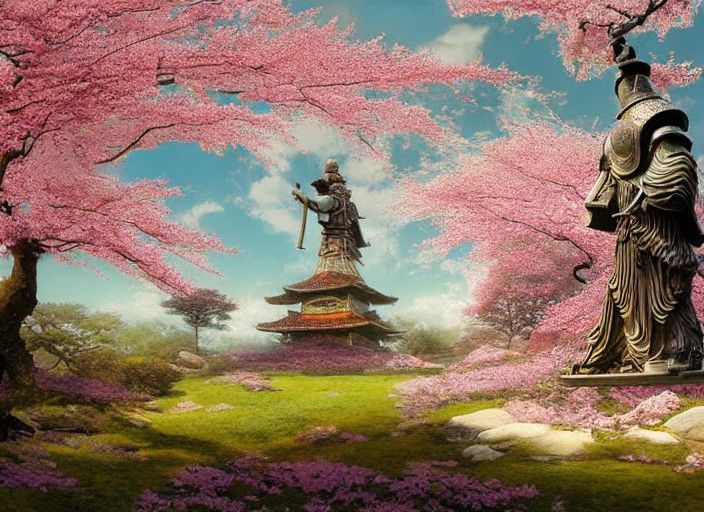 Samurai Armor Statue Among Cherry Blossoms