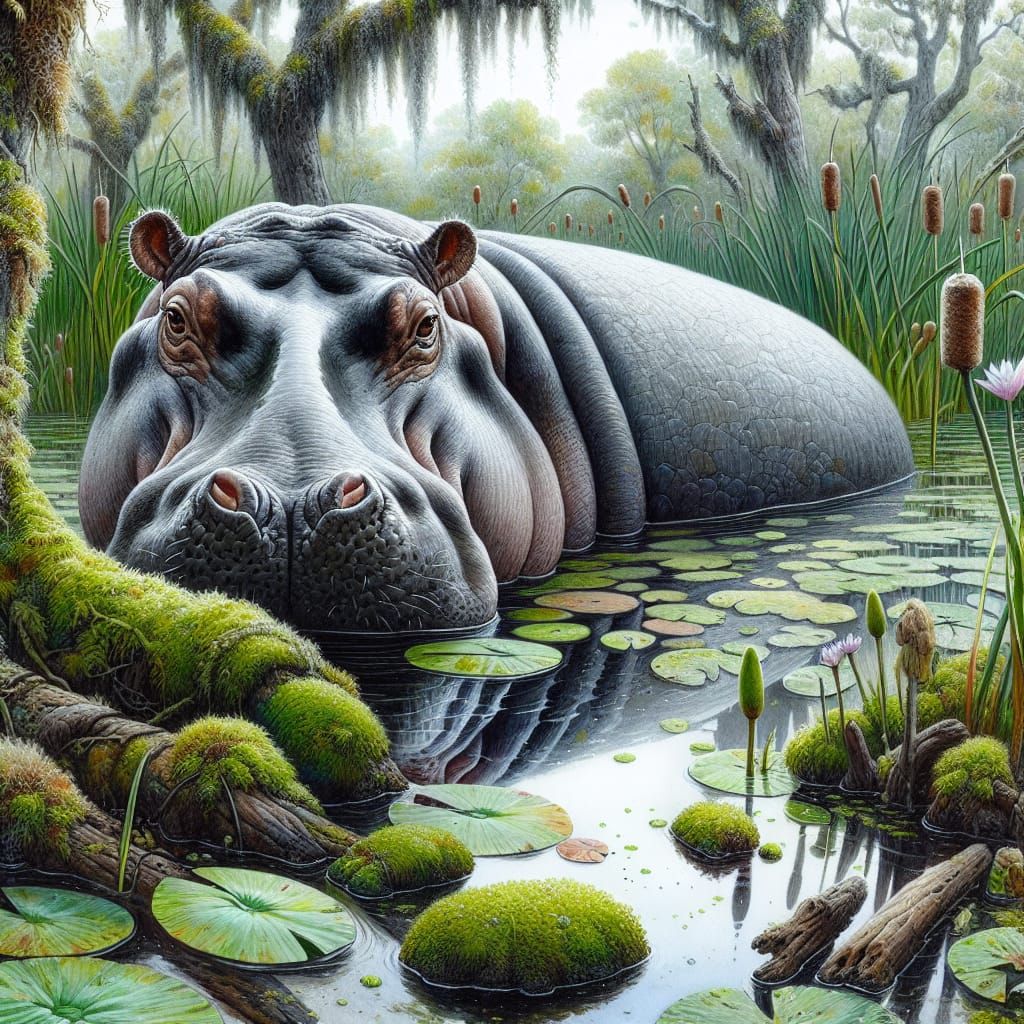 Hyperrealistic Hippo in Swamp, Watercolor Painting