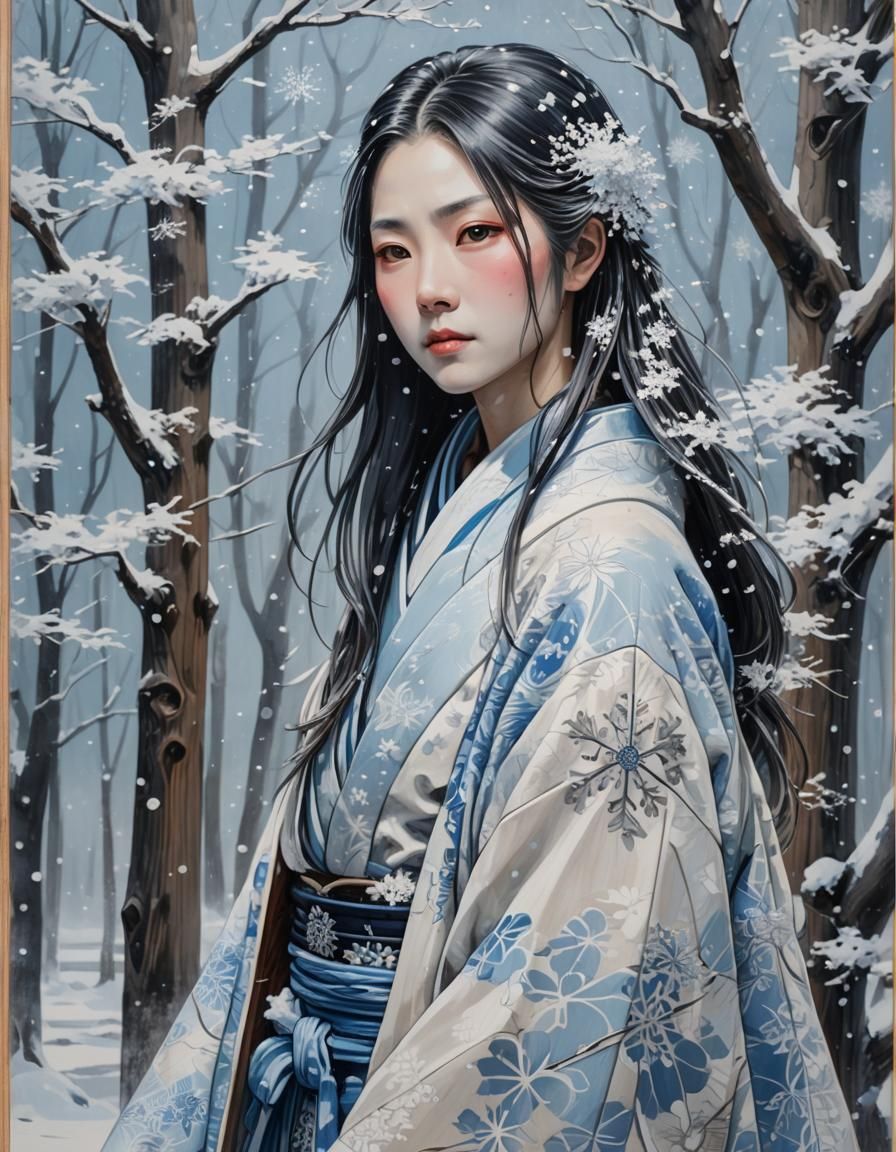 Yuki-Onna Portrait on Polished Wood Block
