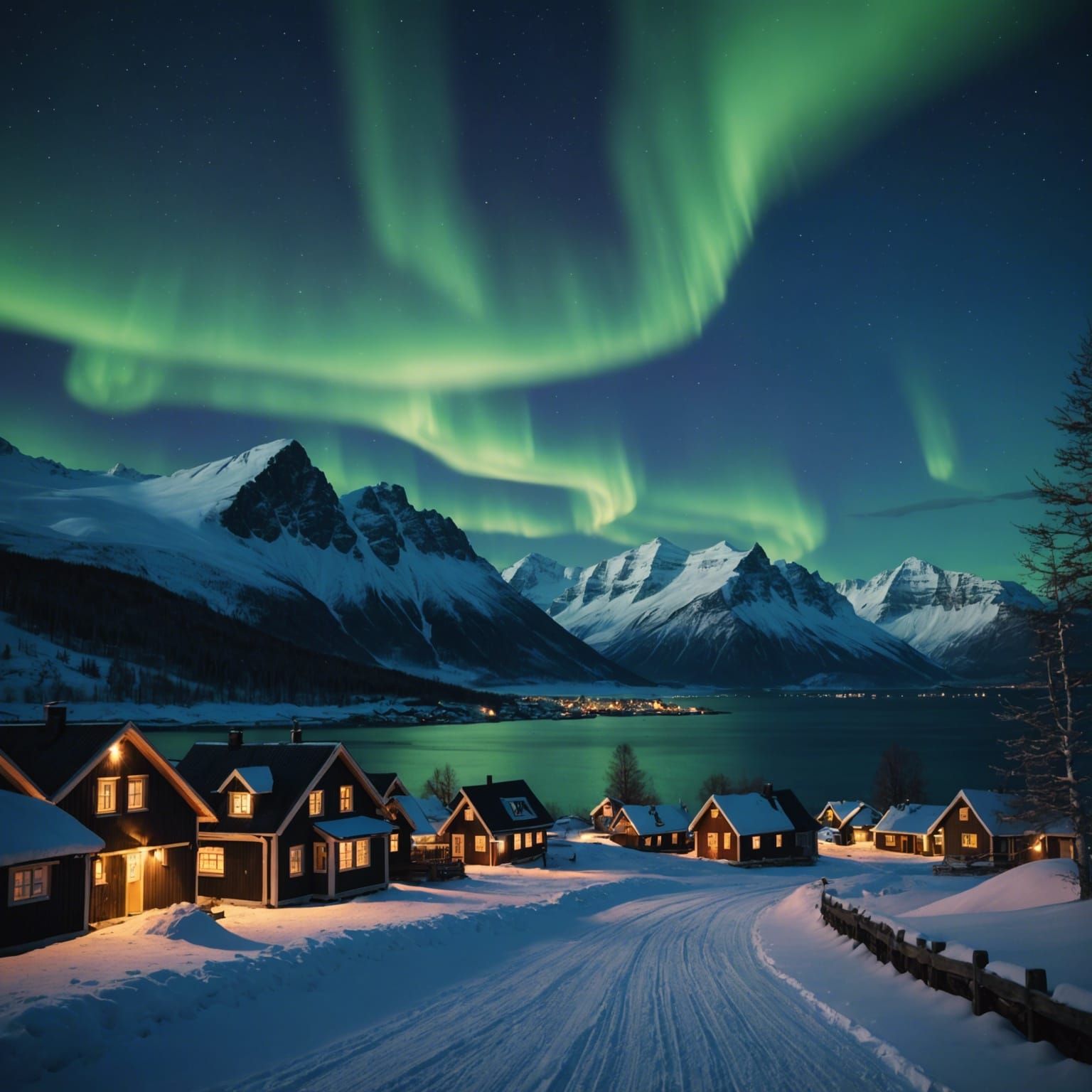 Aurora Borealis Over Coastal Village at Night