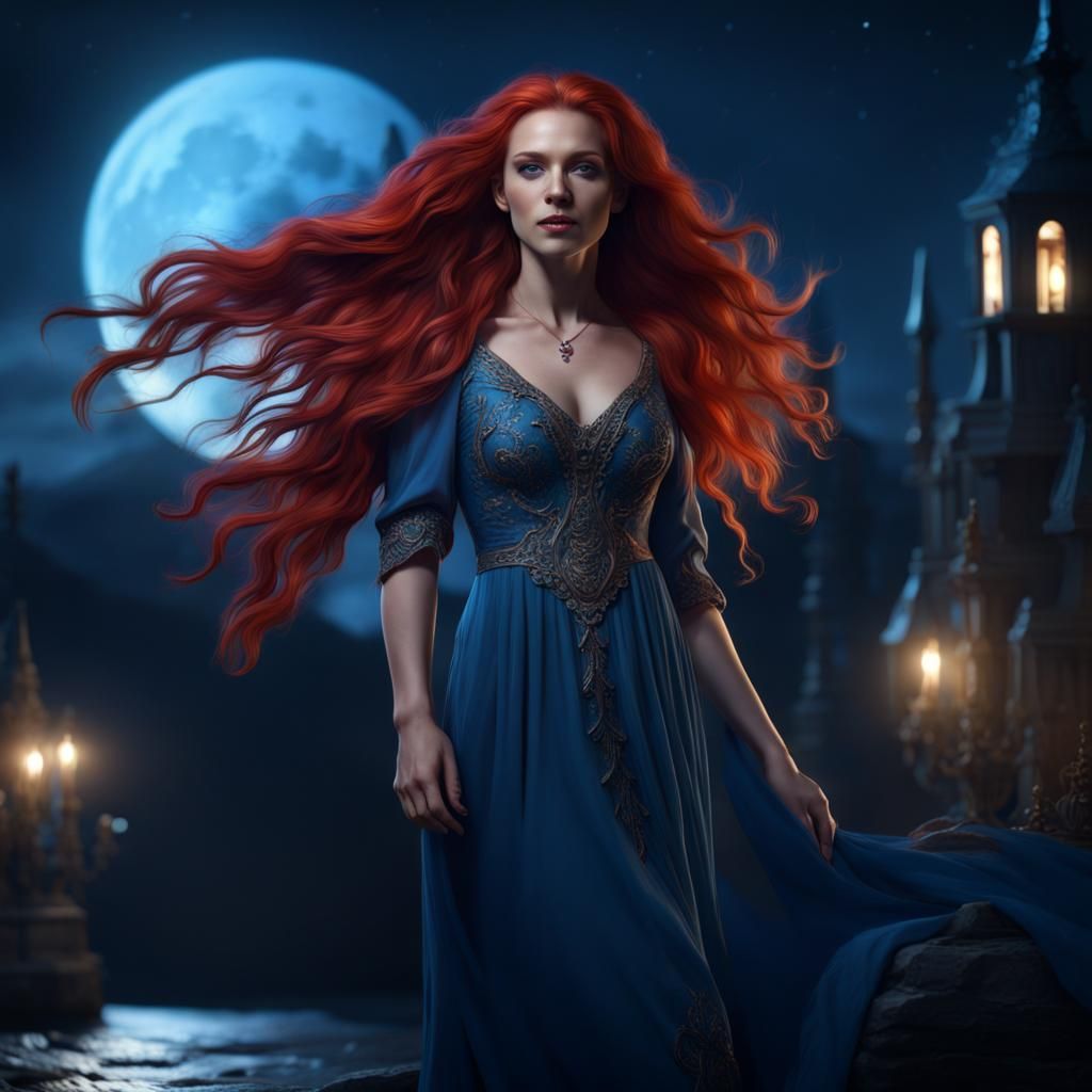 Red Haired Woman in Moonlight, Fantasy Art