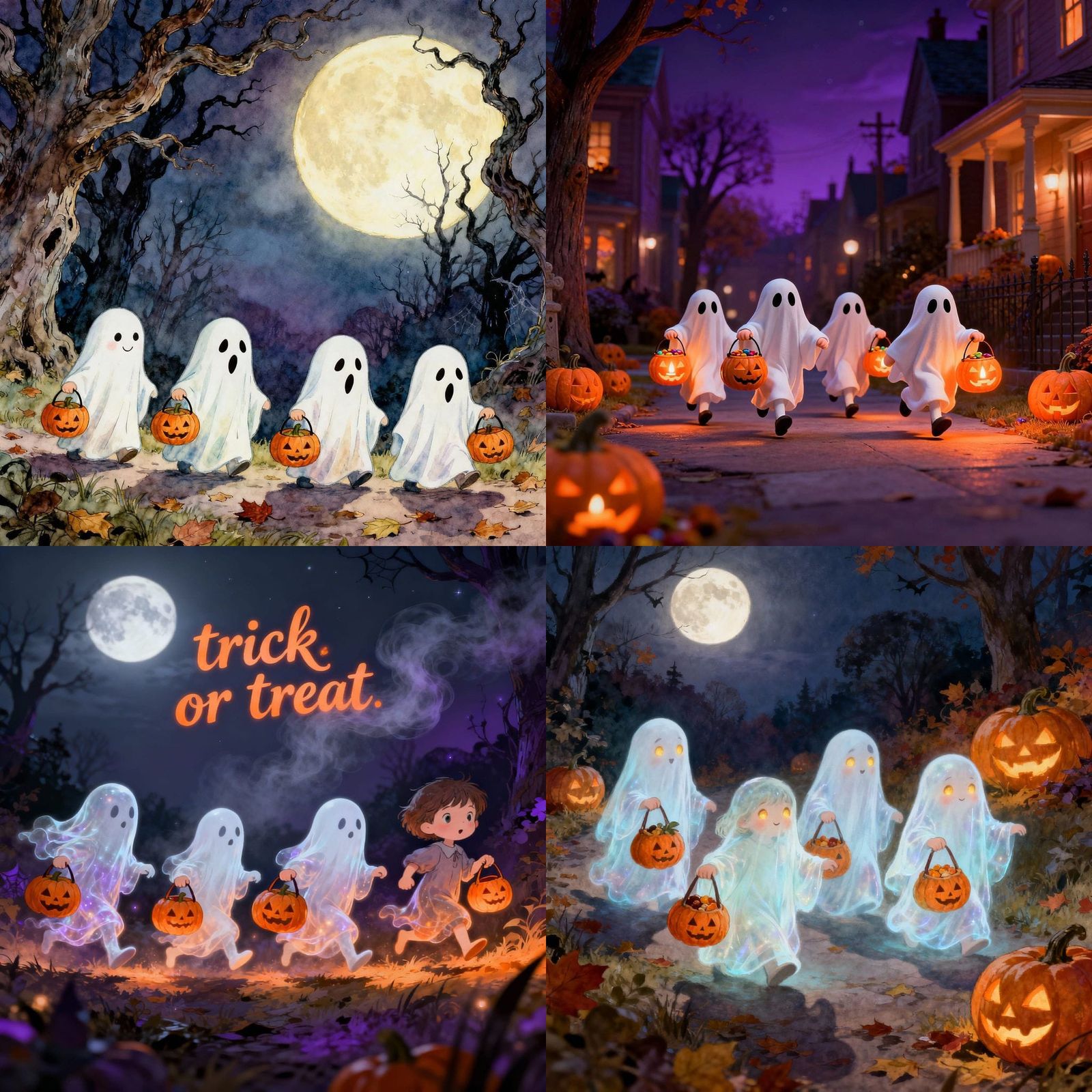 Cute Ghost Children Trick-or-Treating on Halloween Night