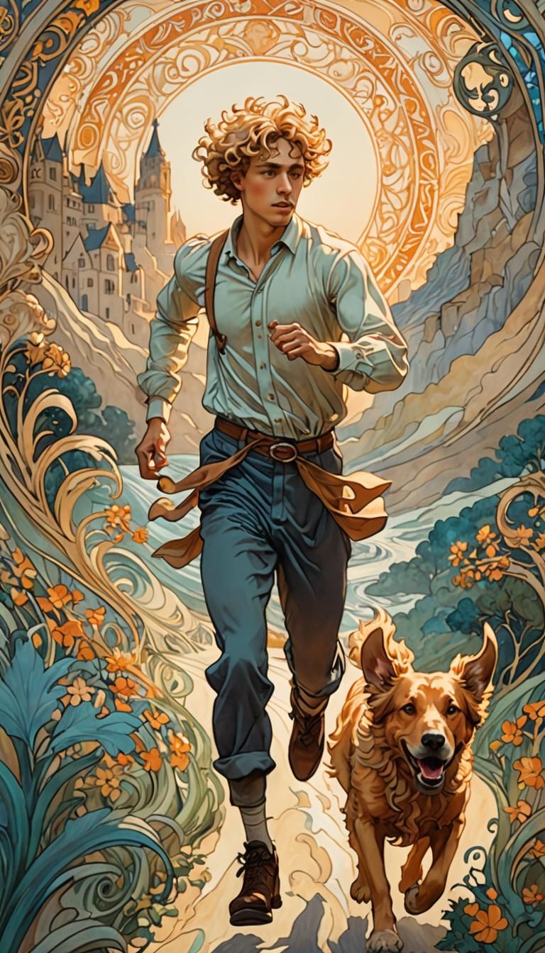 Art Nouveau Man and Dog at the Abyss