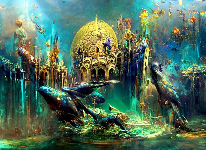 Underwater Castle with Dolphins in Stained Glass Style
