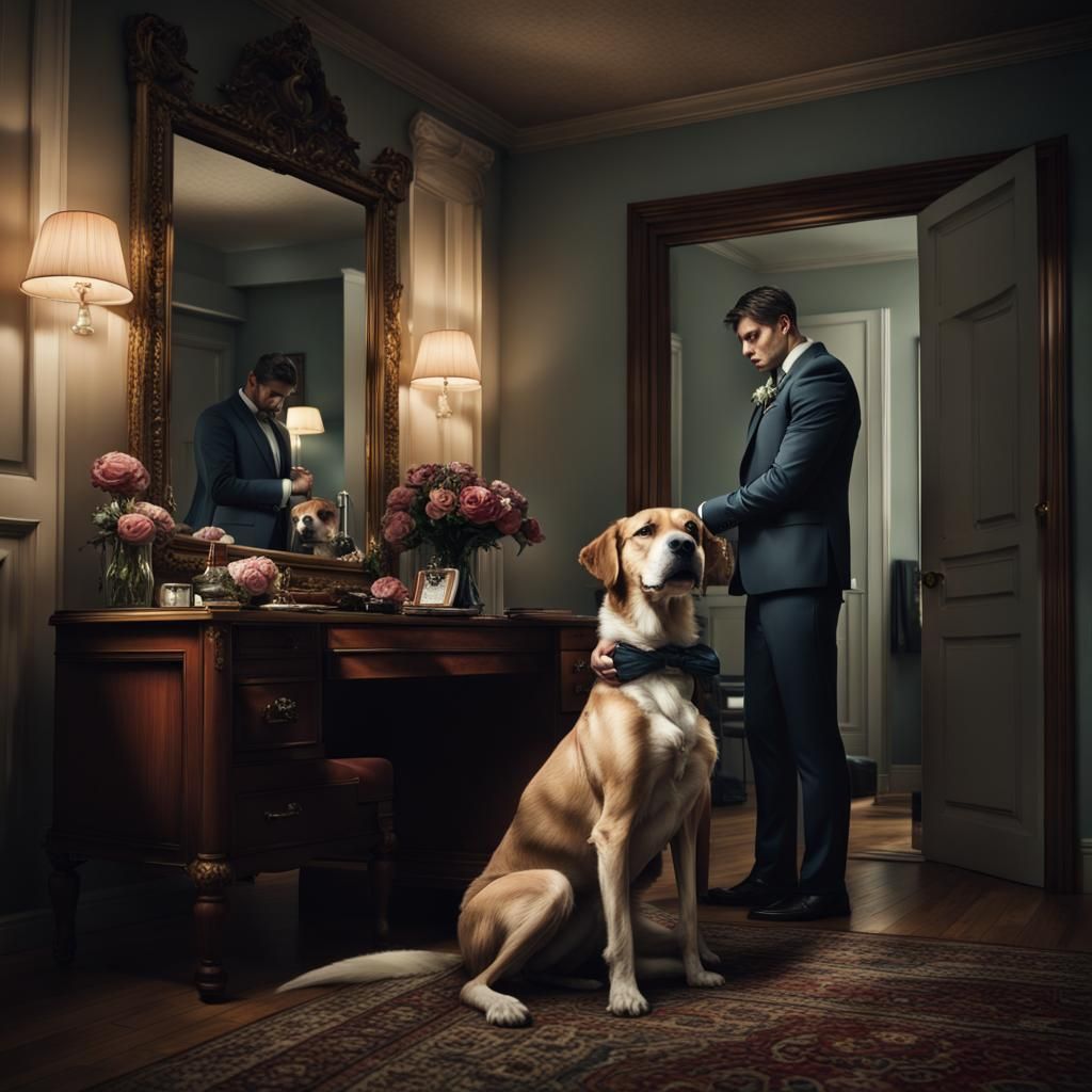 Groom's Tense Wedding Prep: Cinematic Digital Painting