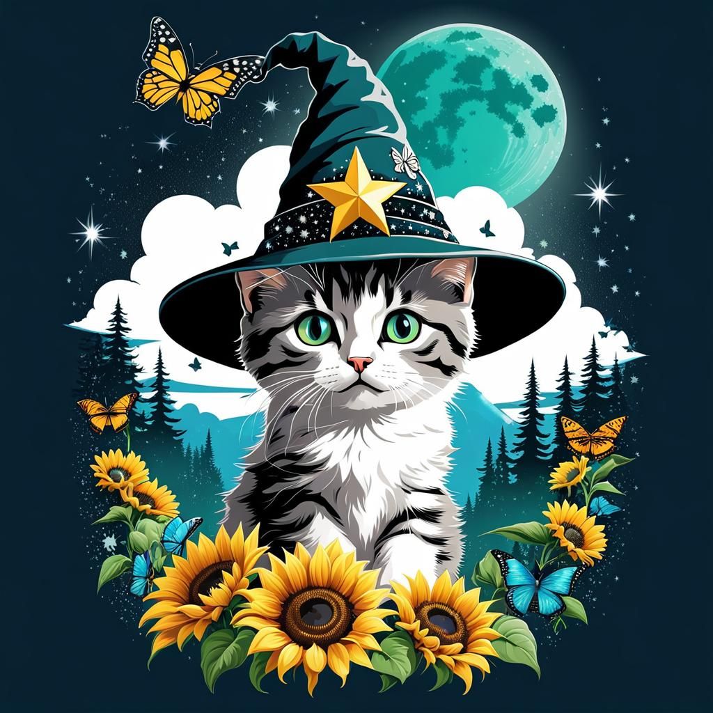Cartoon Kitten Wizard with Sunflowers in Vintage Style