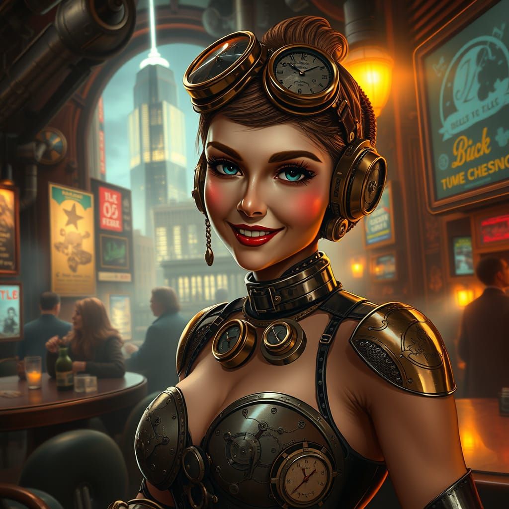 Steampunk Android Grace Kelly in Futuristic Speakeasy