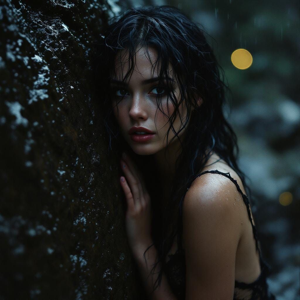 Woman in Lace on Rain-Slick Rock: Film Noir Aesthetic
