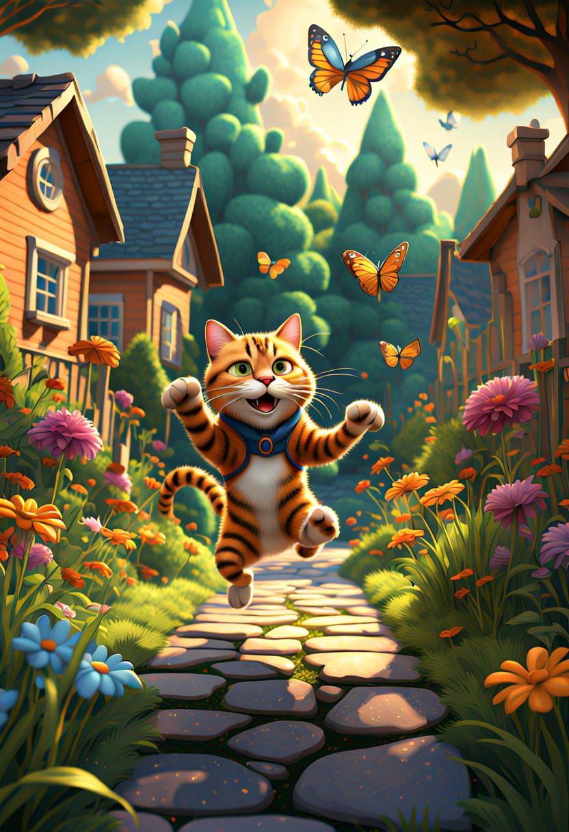 Colorful Cartoon Cat Chases Butterfly in Vibrant Garden