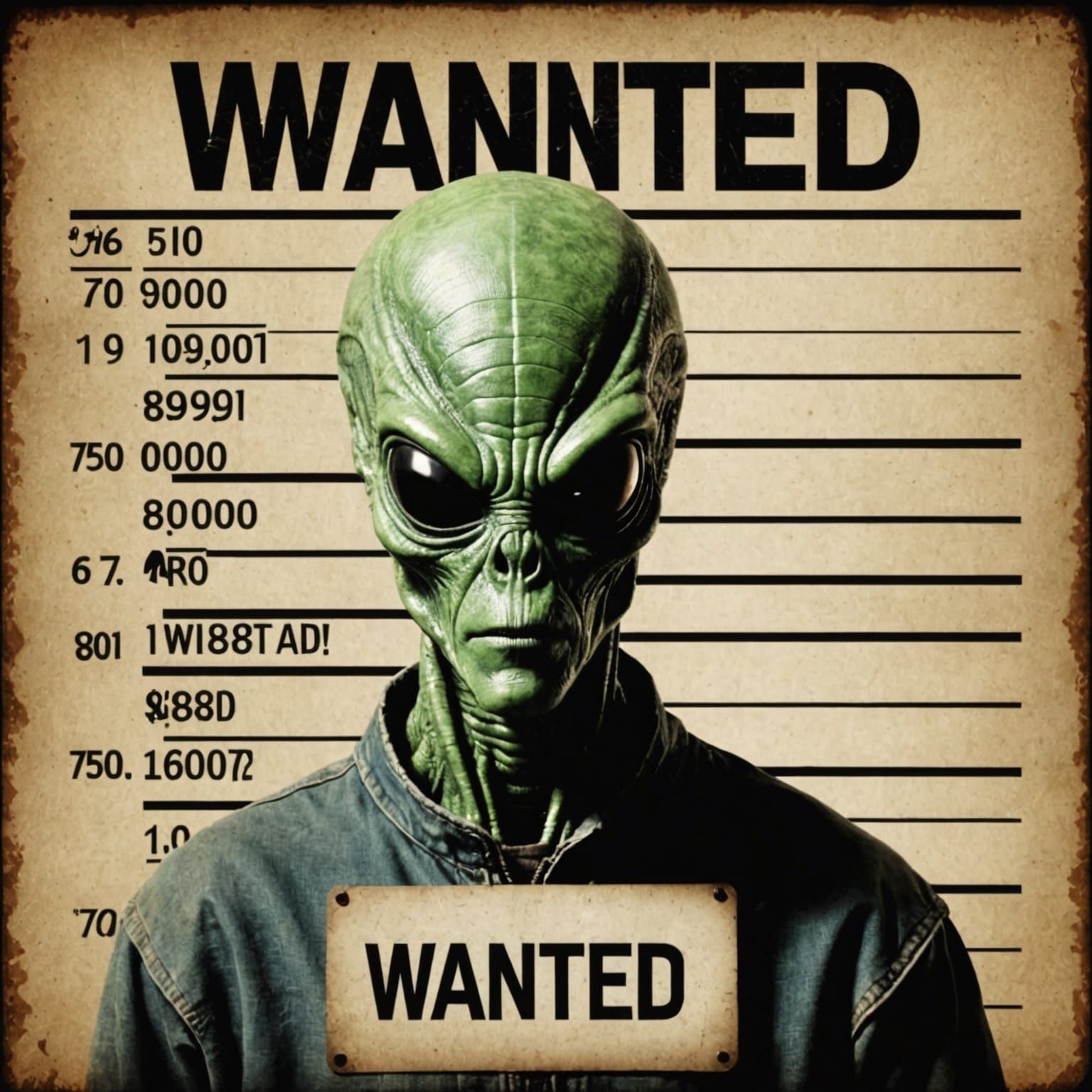 Alien Mugshot with 'Wanted' Text Overlay