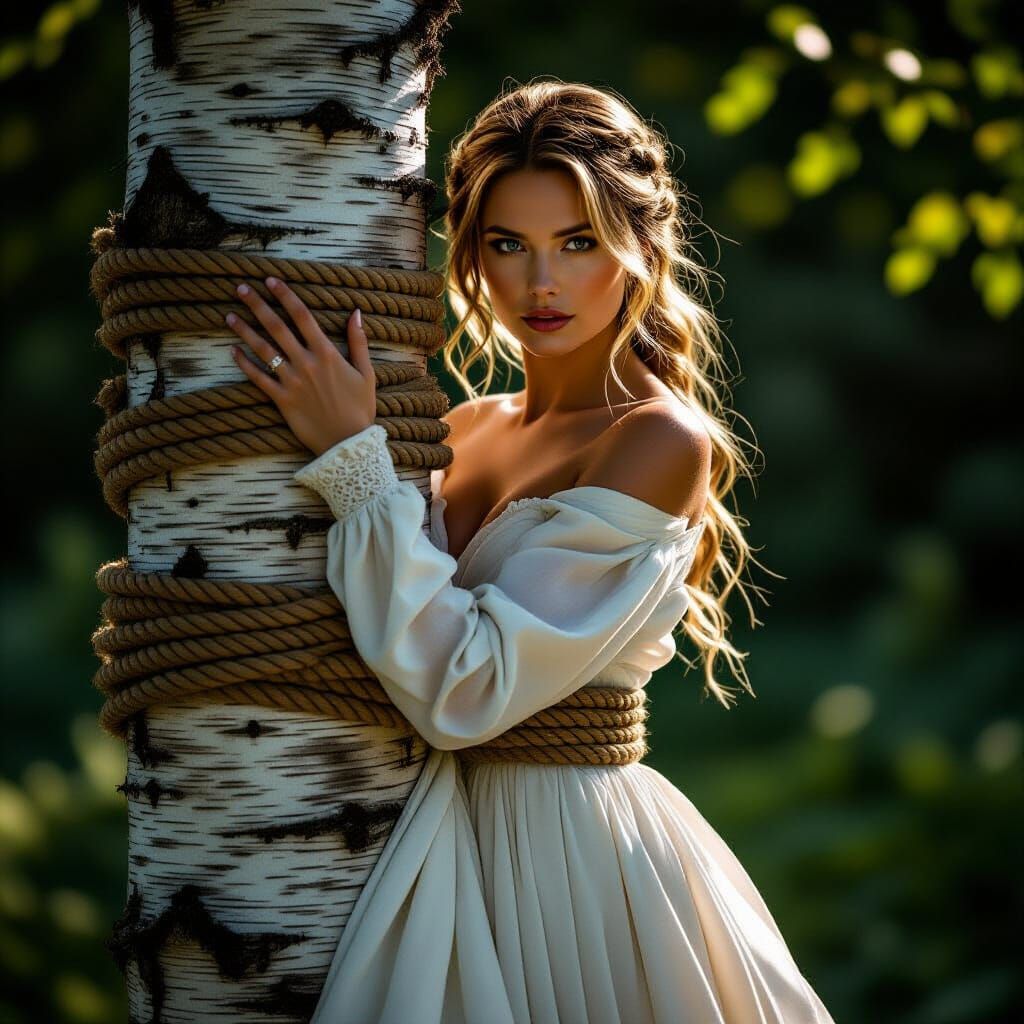 Woman Bound to Birch Tree in Cinematic Style