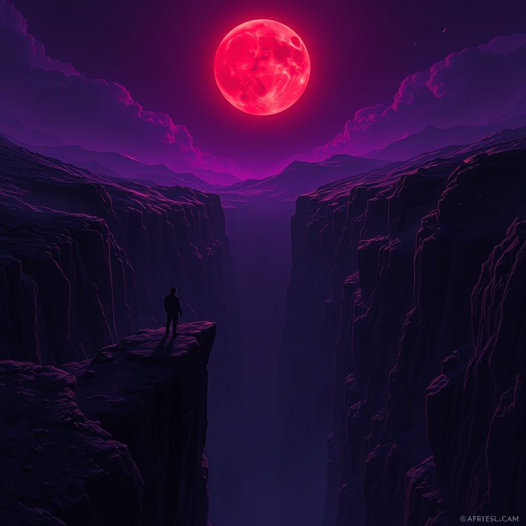 Man Confronts Darkness in a Blood Moon Night