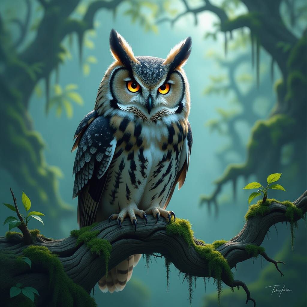Ancient Owl with Glowing Eyes in Misty Forest