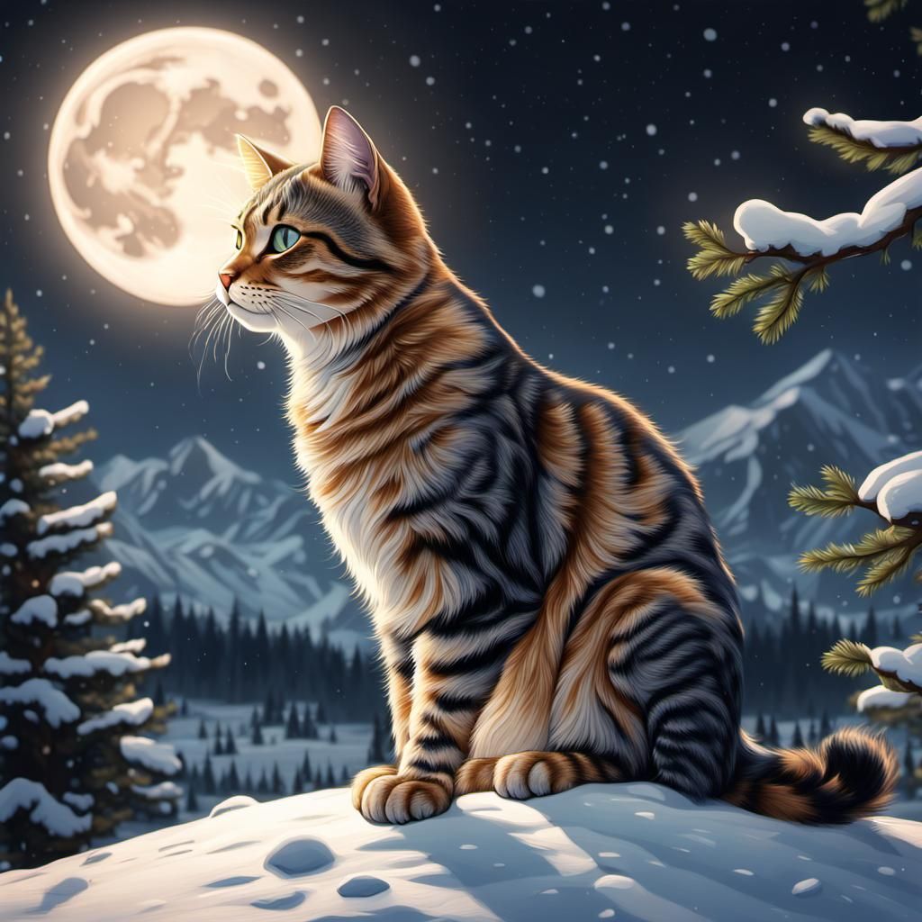 Line Art Cat Under Moon in Snowy Landscape