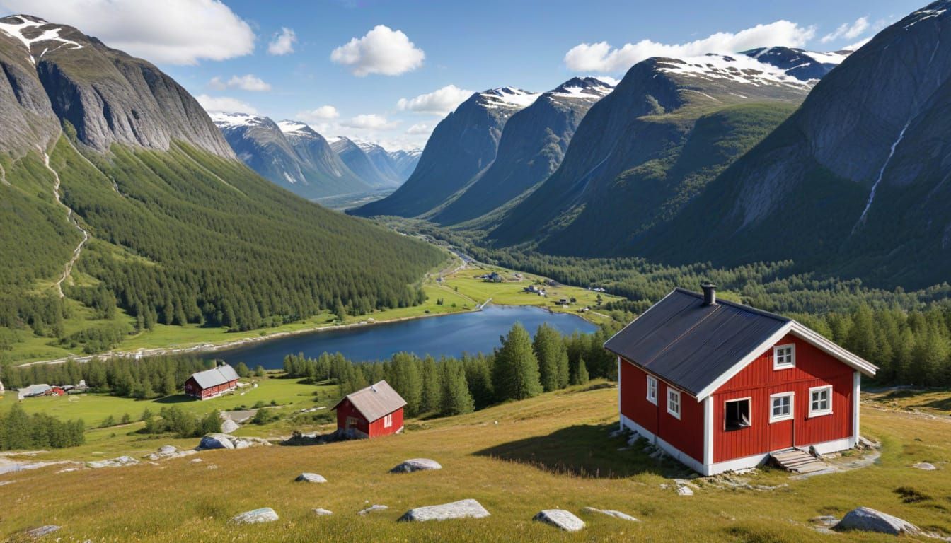 Panoramic Alpine Valley Scene with Cozy Red Cabin
