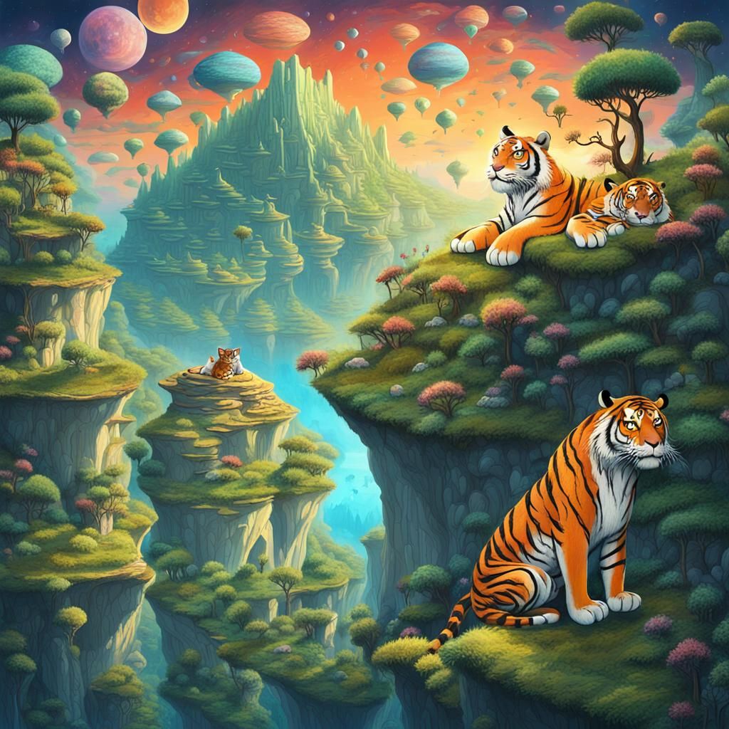 Dreamlike World with Tiger in Ghibli Fantasy Art