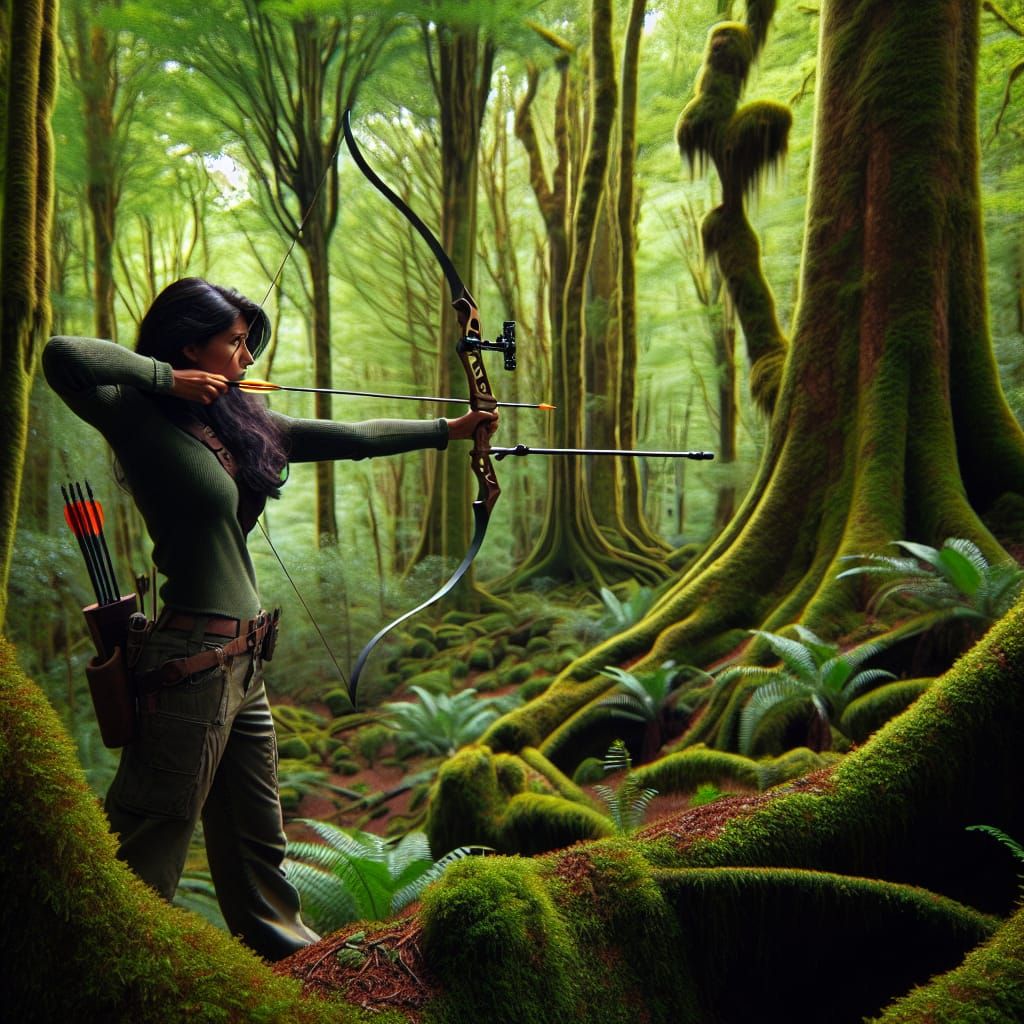 Young Archer in Forest About to Shoot Arrow