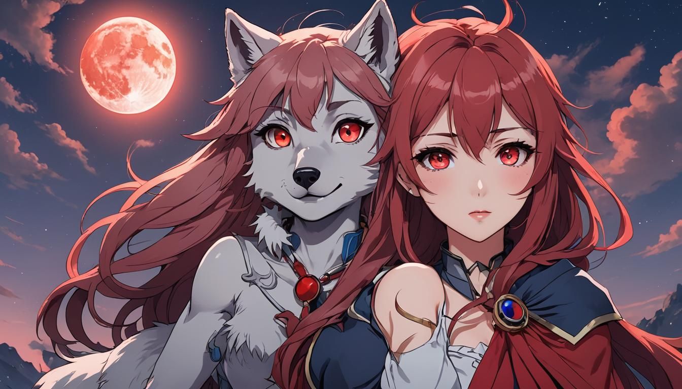 Anime Wolf Girl with Red and Saphir Moon