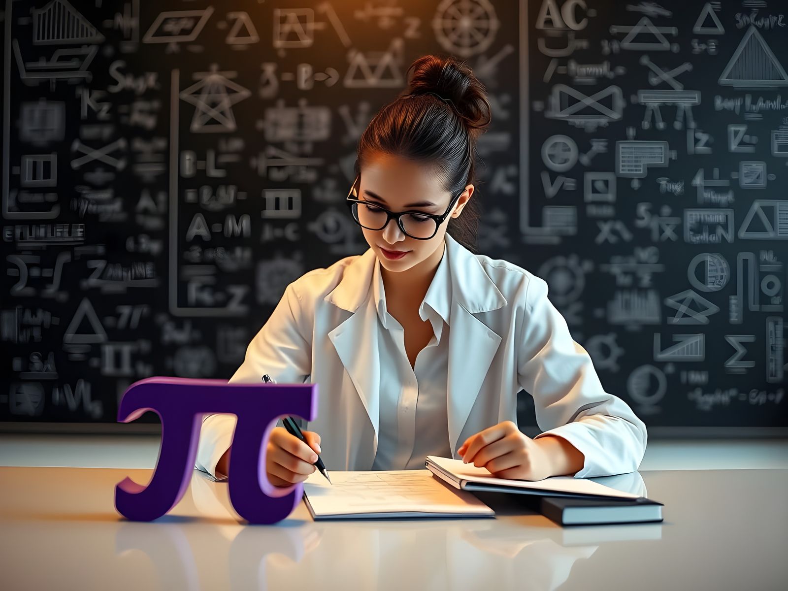 A Young Mathematician Works at Her Desk with a Pi Symbol