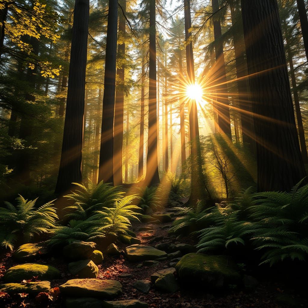 Sunlight Streaming Through Dense Forest Canopy