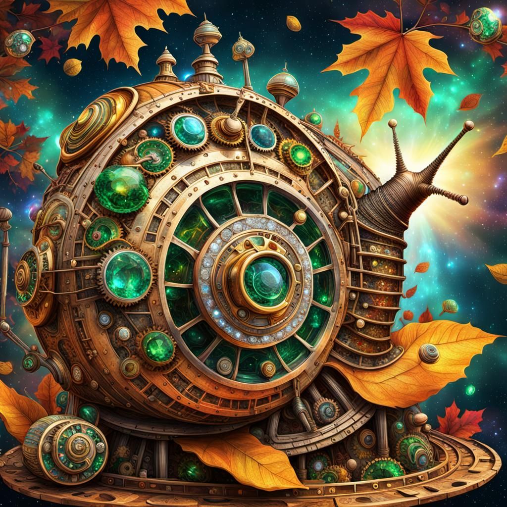 Steampunk Snail Spaceship with Emeralds, Astral Illustration
