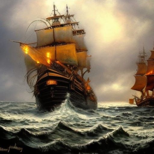 Detailed Pirate Ship in Stormy Seas as Oil Painting