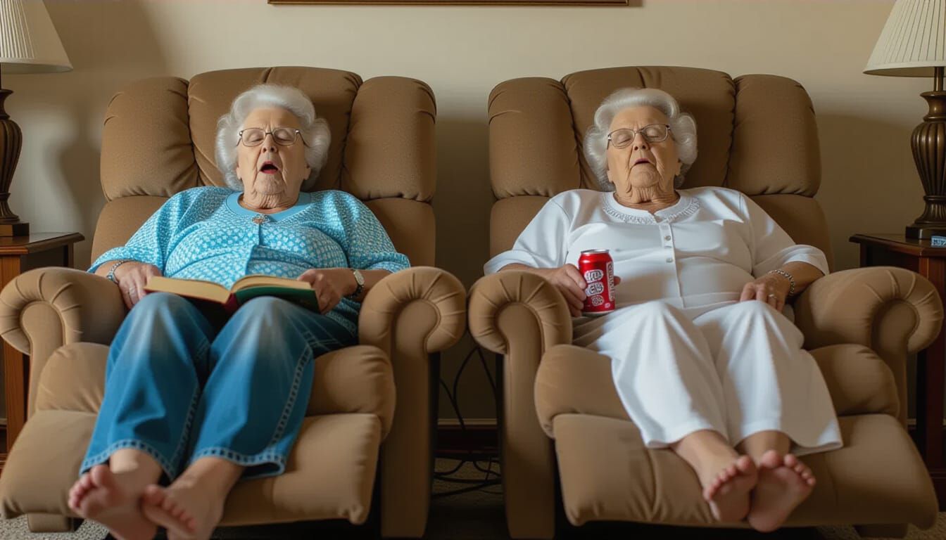 Hyperrealistic Image of Two Sisters Sleeping in Recliners