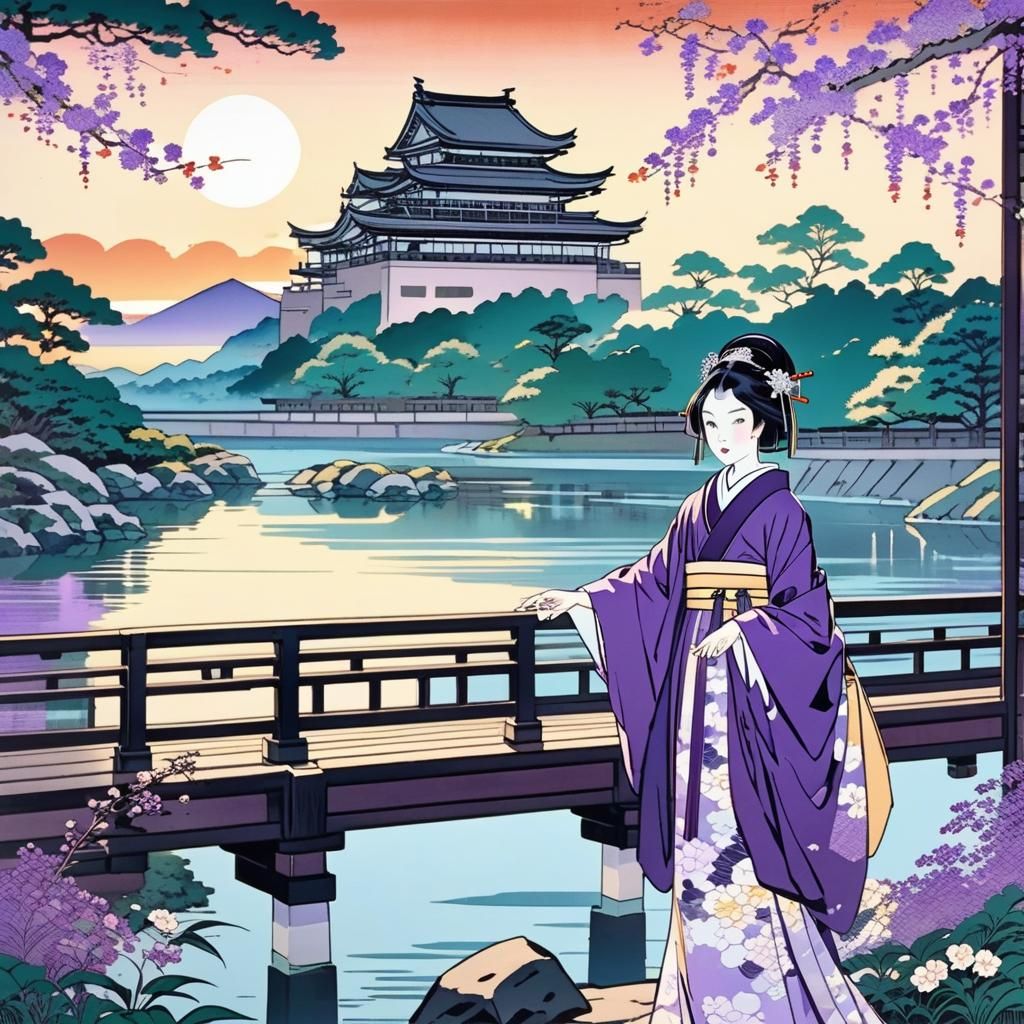 Princess Murasaki in Ukiyo-e Style at Sunset