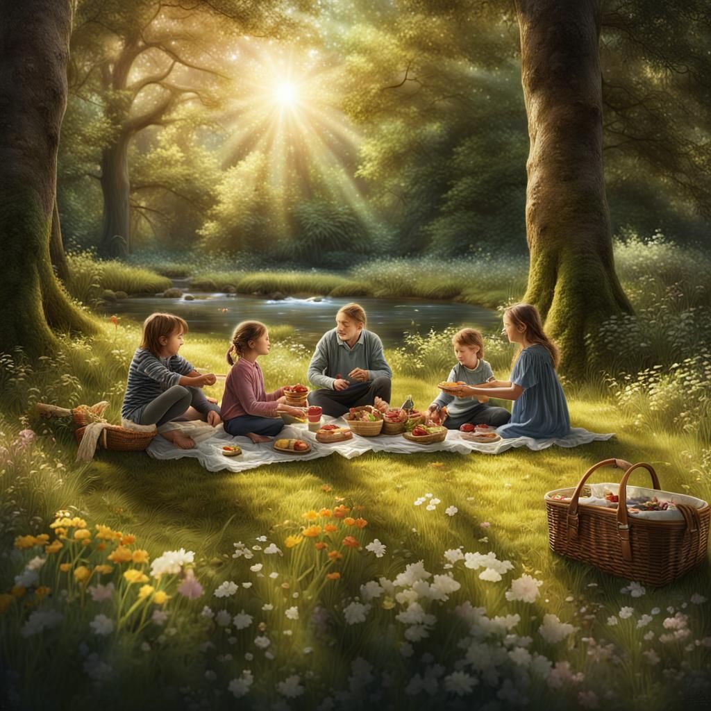 Family Picnic in Sunny Forest Clearing