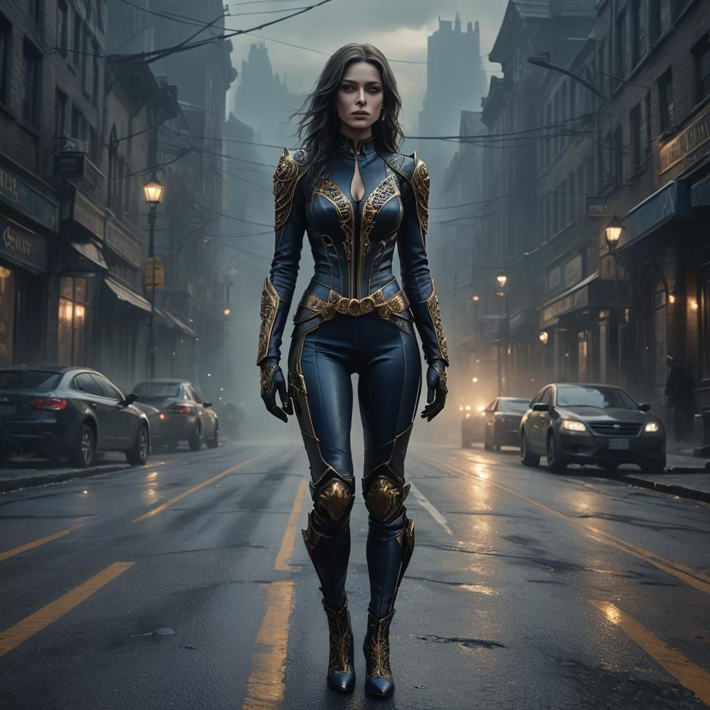 Gothic Fantasy Heroine Poses in Leather Suit