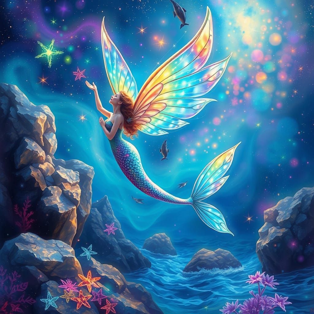 Ethereal Mermaid with Fairy Wings Sailing Over a Mystical Se...