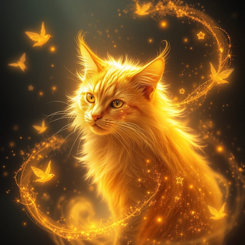 Ethereal Golden Cat Illuminates Mystical Realm