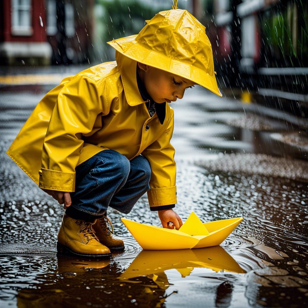 Boy in Yellow Plays with Paper Boat
