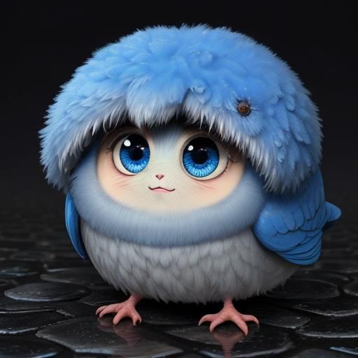 Sad Chibi Bluebird Holding Worm in Rainy 3D