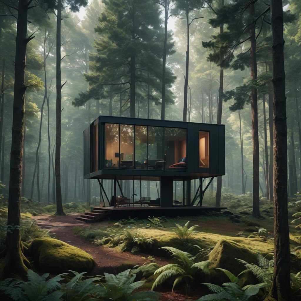 Cabin in Forest: Hyperrealistic Post-Modern Matte Painting