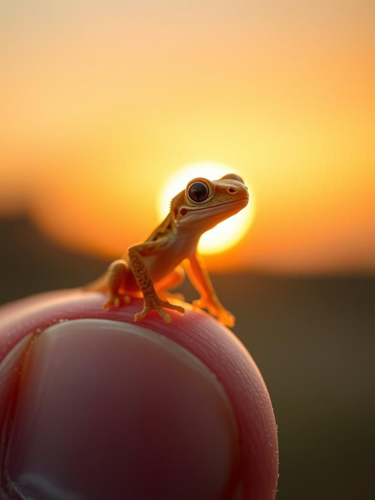 Dust-Sized Gecko on Fingertip at Sunset: Macro Photography