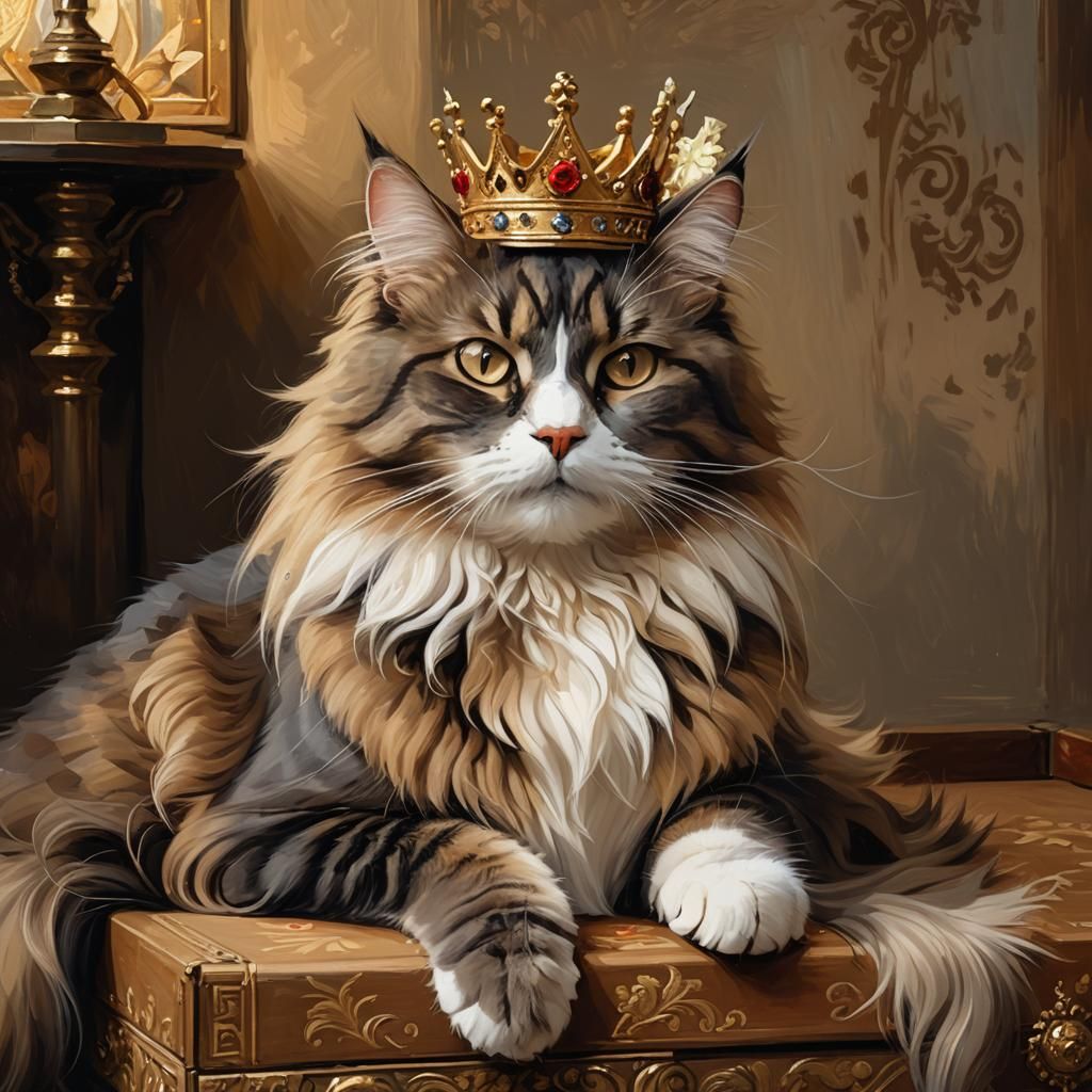 Crowned Cat in Apartment: Impressionistic Digital Painting