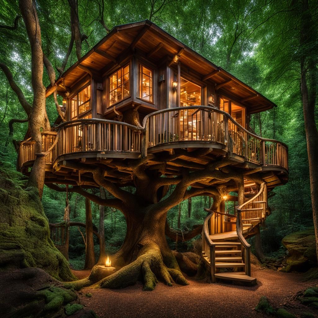 Enchanting Treehouse in Forest: Detailed Matte Painting