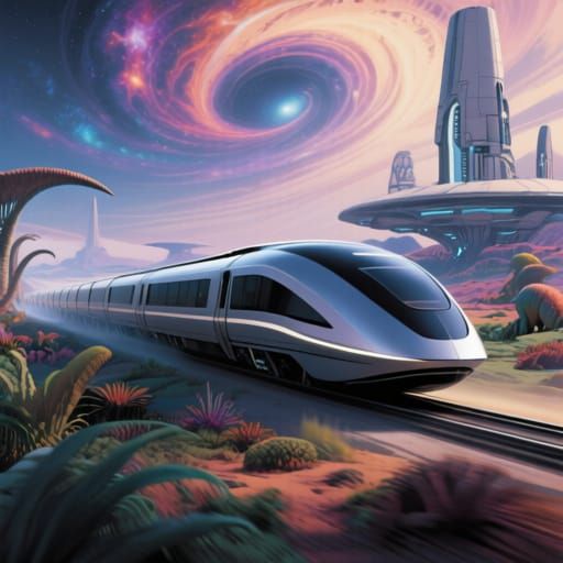 Futuristic Train Through Prehistoric Landscape in Hyperreali...