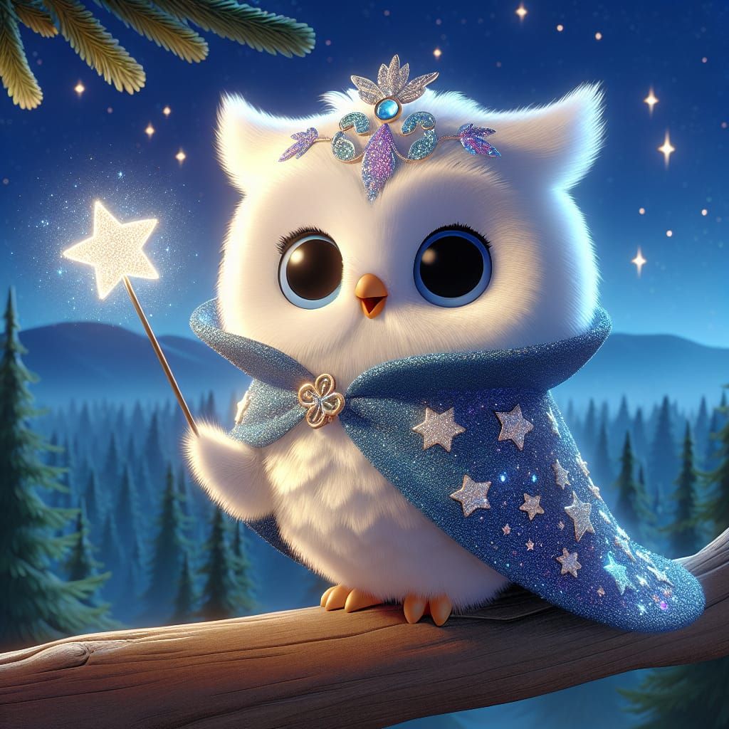 A Disney Pixar style 3D image of an absolutely adorable fluffy white owl, wearing a sparkly glittery blue sorcerer cape ...
