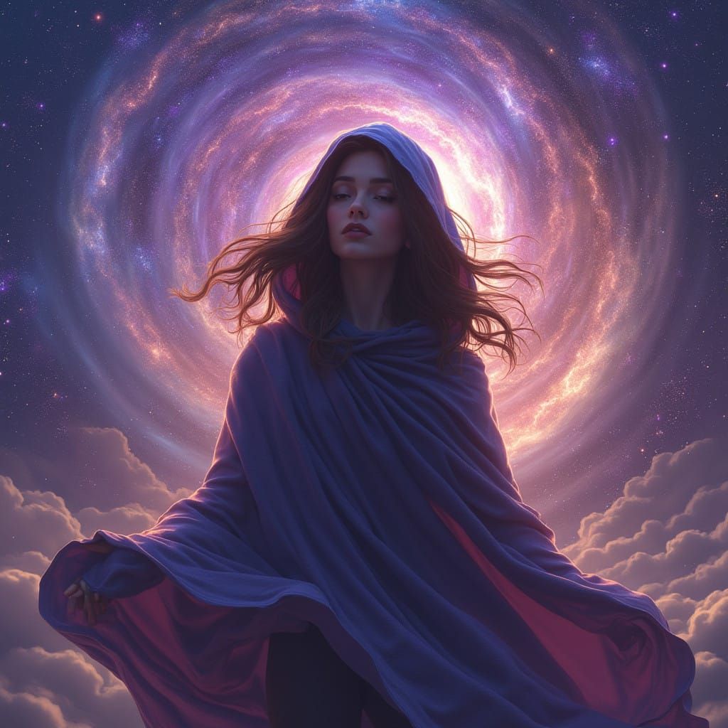 Cosmic Brunette Amidst Celestial Vortex
