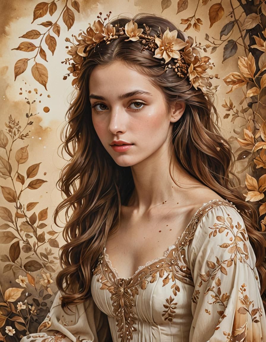 Woman with Floral Halo in Dreamlike Landscape