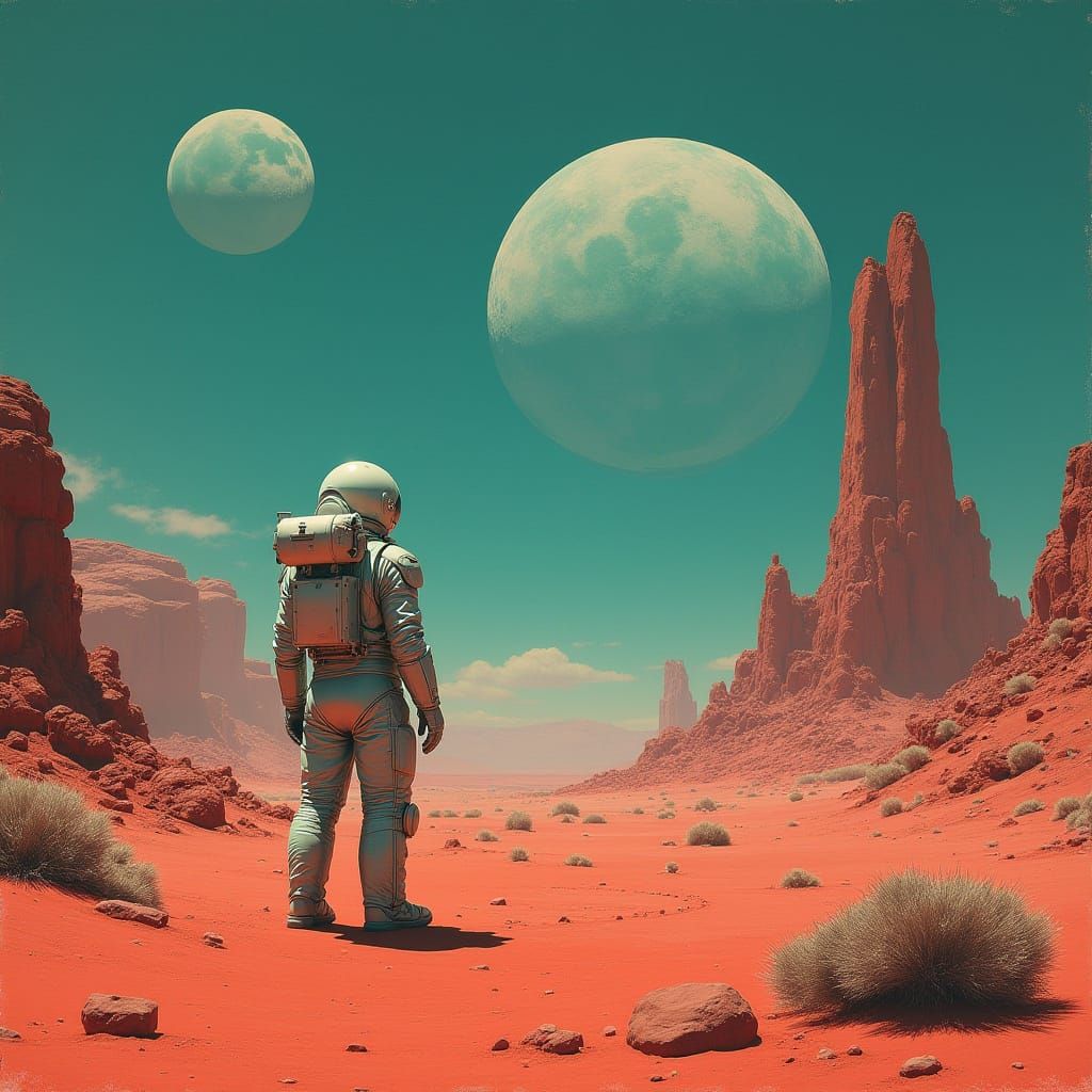 Astronaut on Crimson Planet with Two Turquoise Moons