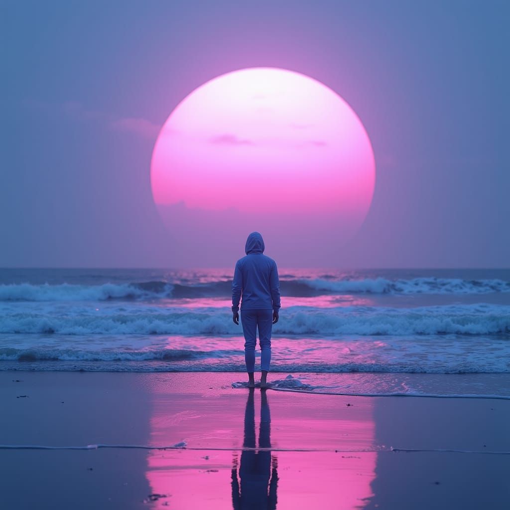 Vaporwave Beachscape with Looming Sun