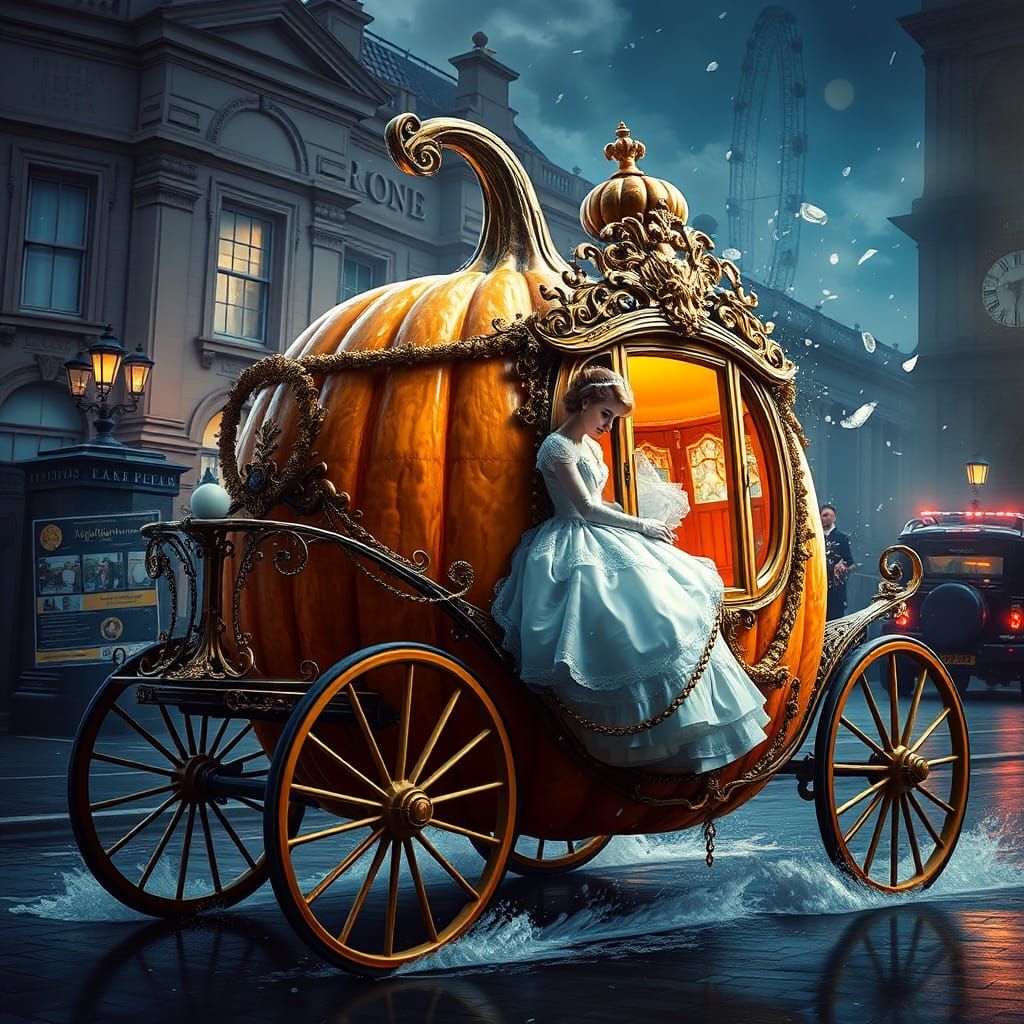 Pumpkin Carriage in London, Surreal Hyperrealistic Art