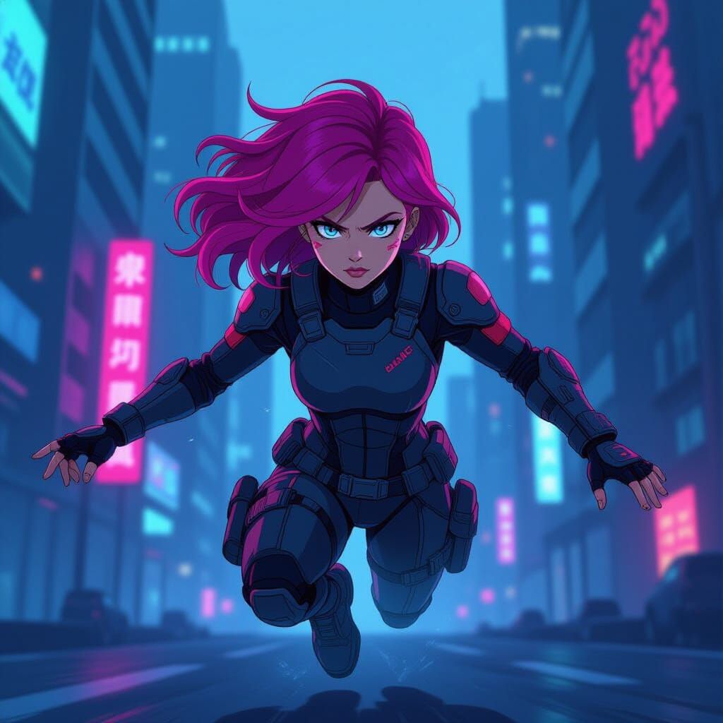 Action Heroine with Pink Hair in Neon Cityscape