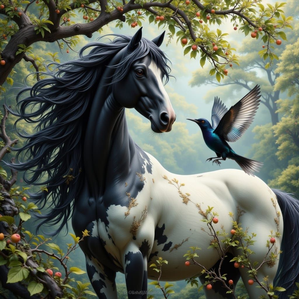 Majestic Horse and Magpie in Whimsical Brushstroke Style