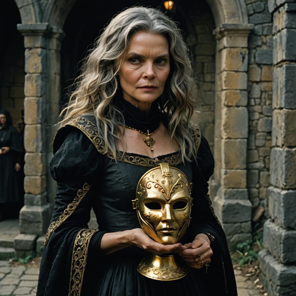 Hyperrealistic Portrait of Aging Woman with Golden Mask