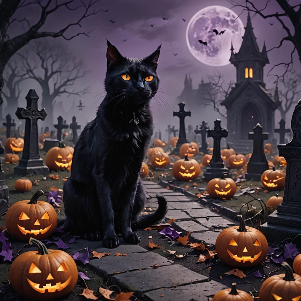 Gothic Devil in Graveyard with Halloween Cat