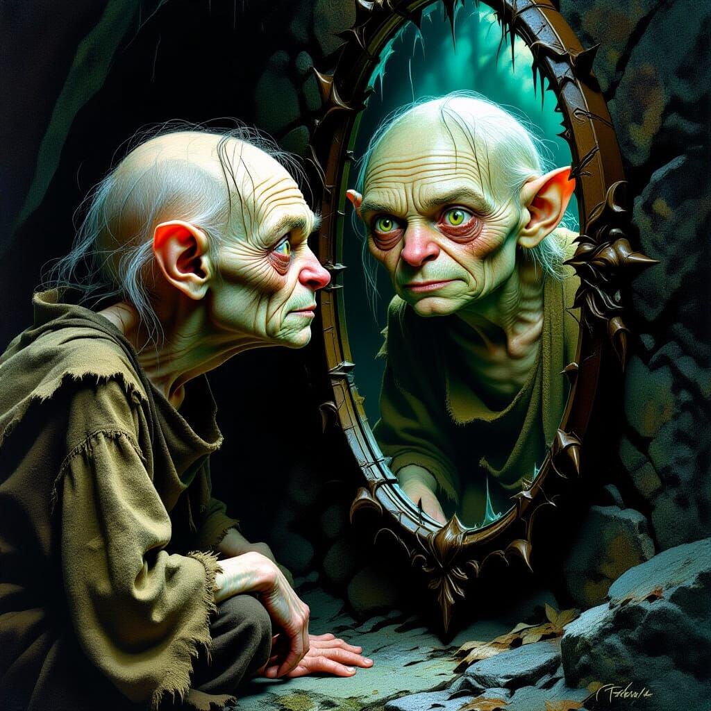 Gollum's Tragic Reflection in Mystical Mirror